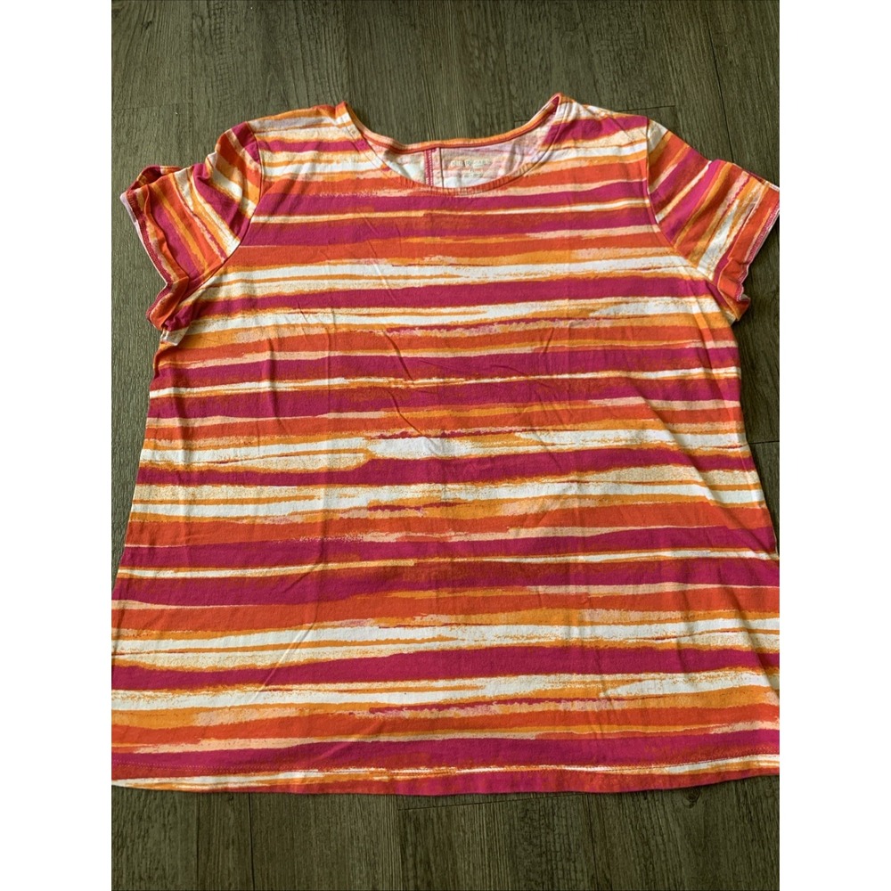 Kim Rogers Striped Petite L Women's Short Sleeve Cotton Blouse Orange Pink